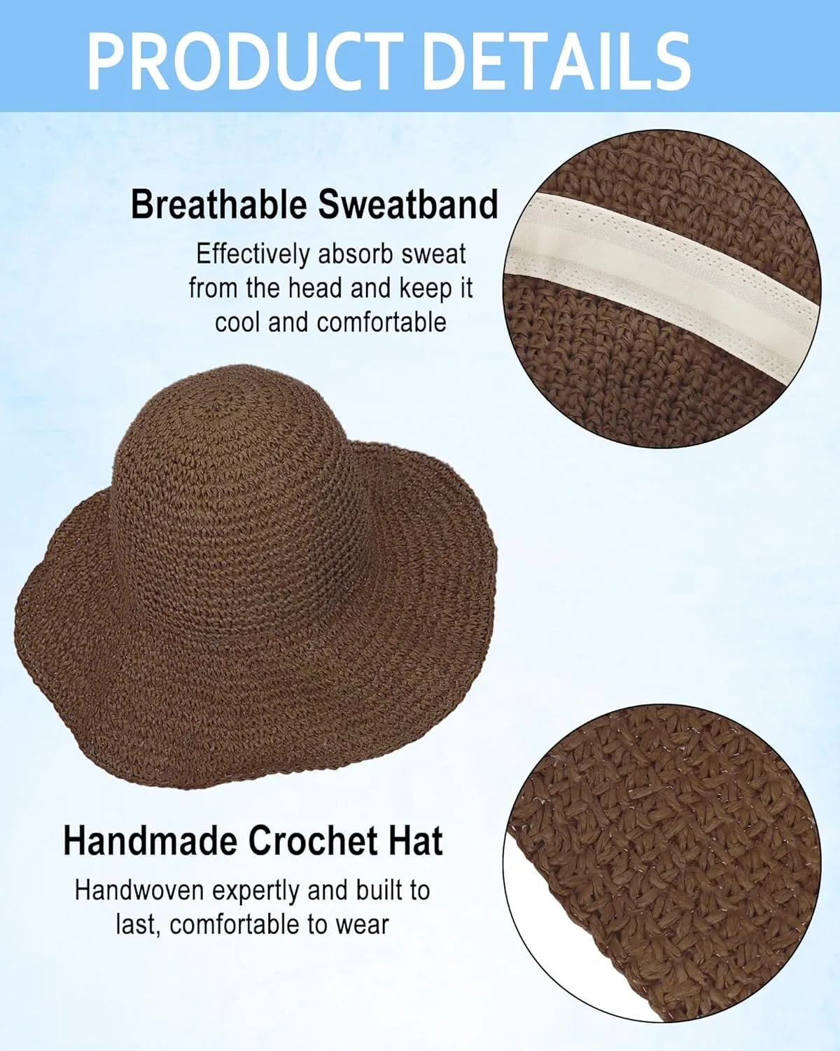 Sun Hats for Women, Oversize Large Straw Bucket Hat for Beach Summer Vacation Wide Brim Handmade Packable Travel UPF 50 