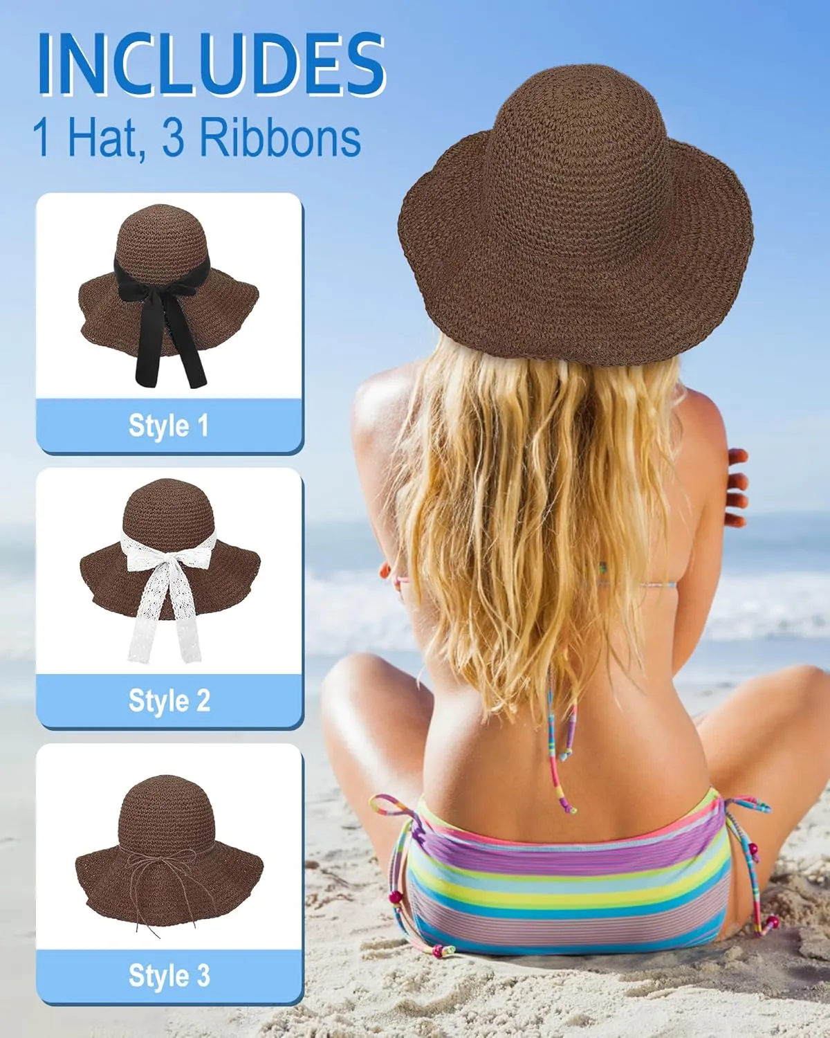 Sun Hats for Women, Oversize Large Straw Bucket Hat for Beach Summer Vacation Wide Brim Handmade Packable Travel UPF 50 