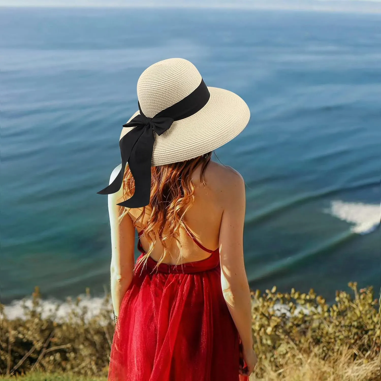 Sun Visors for Women Beach Foldable Wide Brim Retro Fedora Floppy Beach Hat Straw Fedora Hats for Women