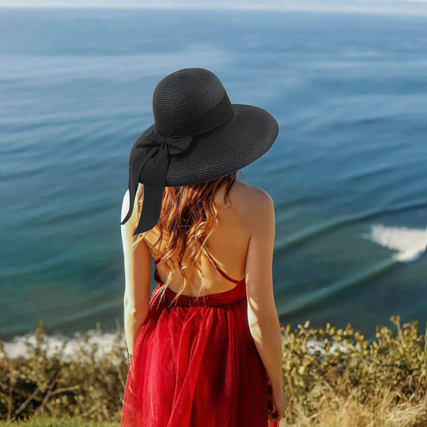 Sun Visors for Women Beach Foldable Wide Brim Retro Fedora Floppy Beach Hat Straw Fedora Hats for Women