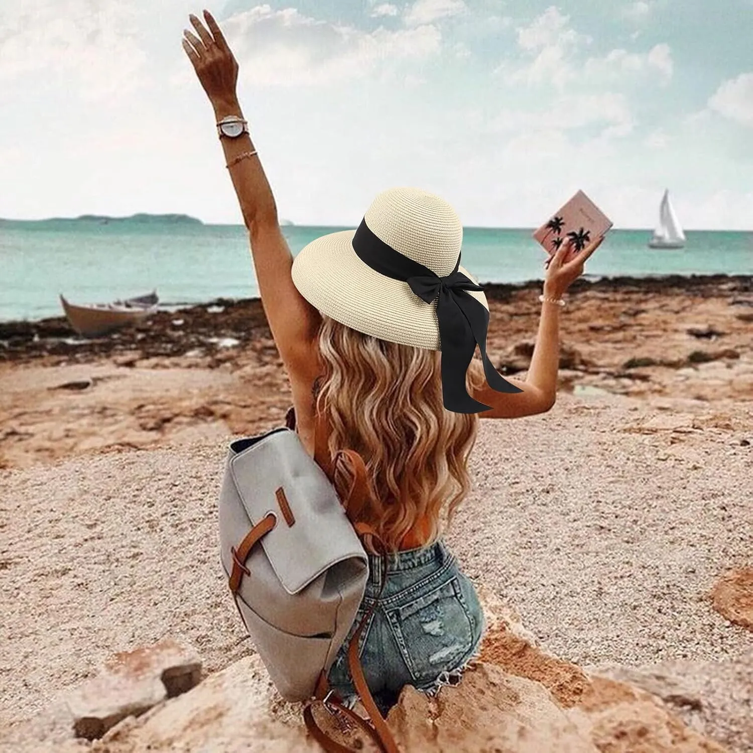 Sun Visors for Women Beach Foldable Wide Brim Retro Fedora Floppy Beach Hat Straw Fedora Hats for Women