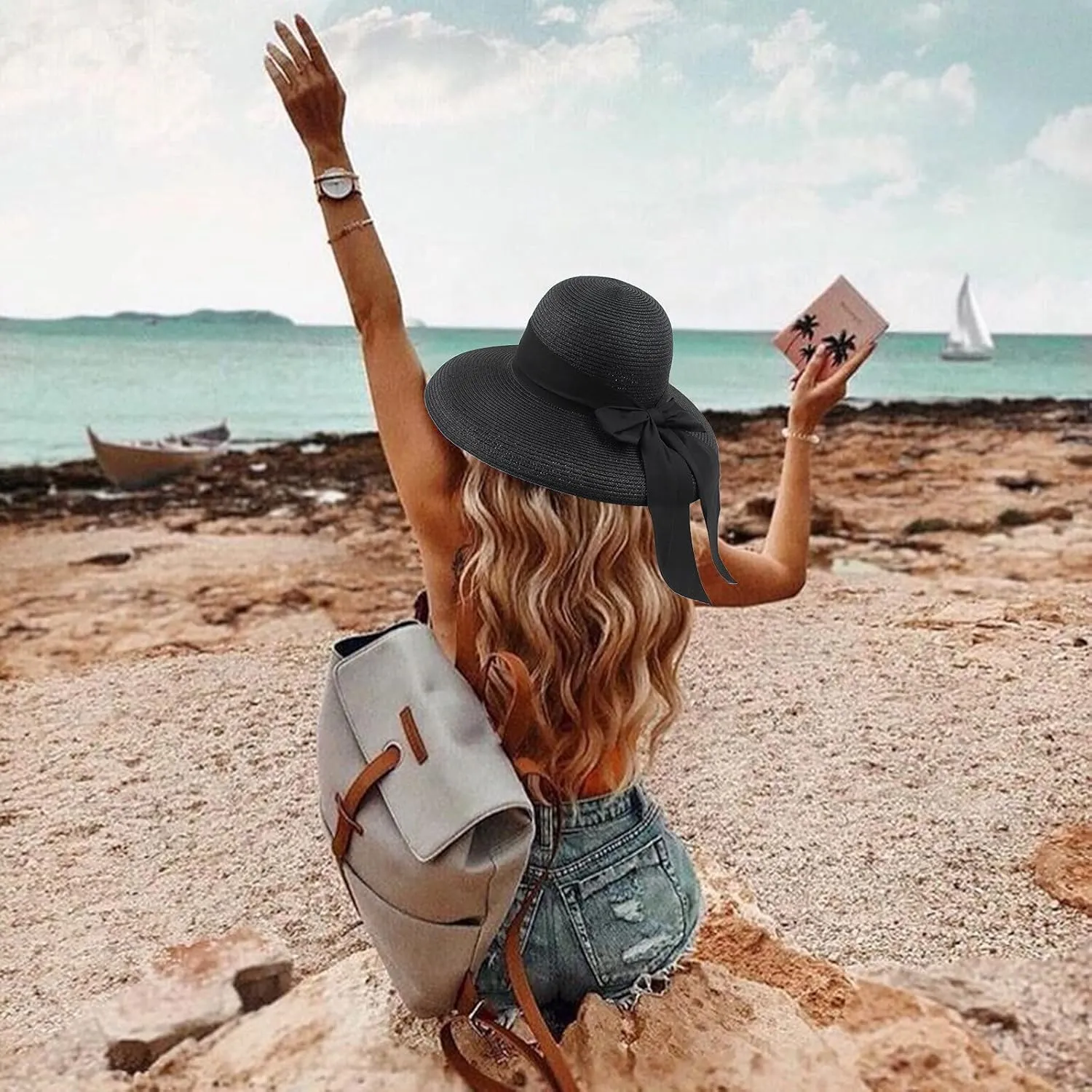 Sun Visors for Women Beach Foldable Wide Brim Retro Fedora Floppy Beach Hat Straw Fedora Hats for Women