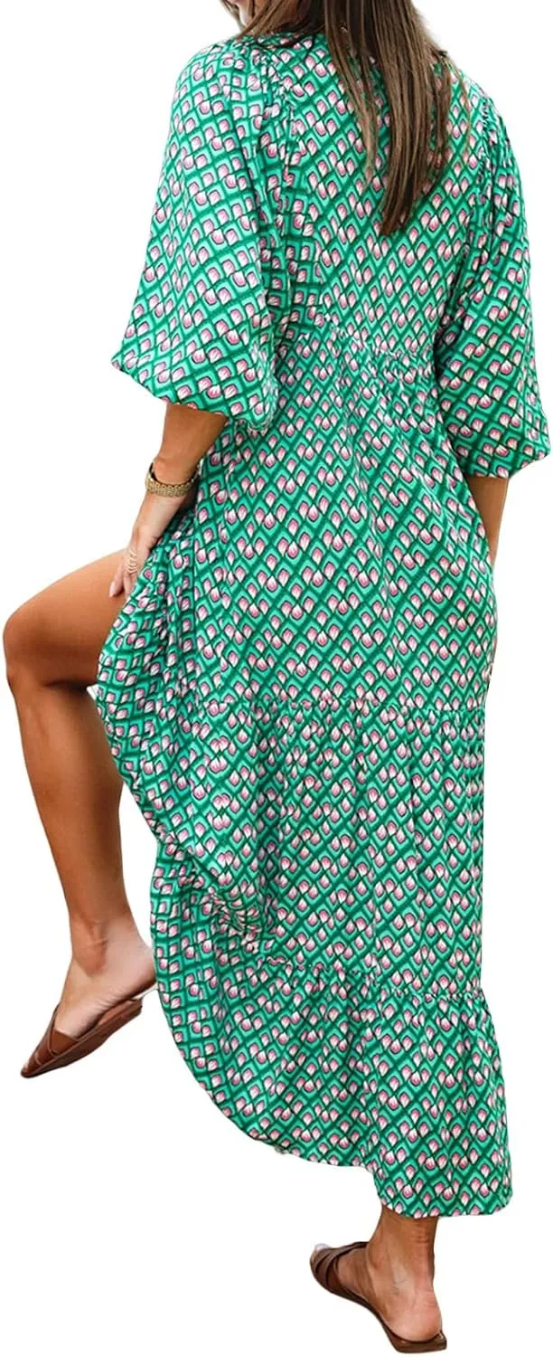 Sundresses for Women Boho Puff Sleeve V Neck Maxi Dress Loose Fit Casual Dresses Plus Size Fashion Trendy Dress 2025