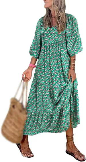 Sundresses for Women Boho Puff Sleeve V Neck Maxi Dress Loose Fit Casual Dresses Plus Size Fashion Trendy Dress 2025