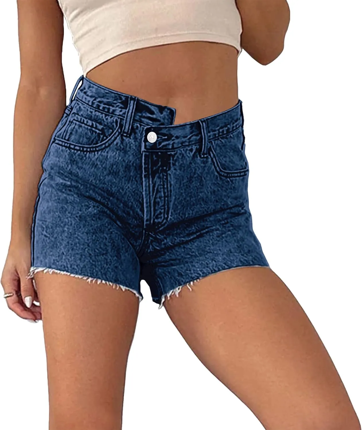 Susupeng Women Asymmetric Criss Crossover High Waist Summer Denim Shorts Stretchy Casual Raw Cut Hem Jeans Shorts