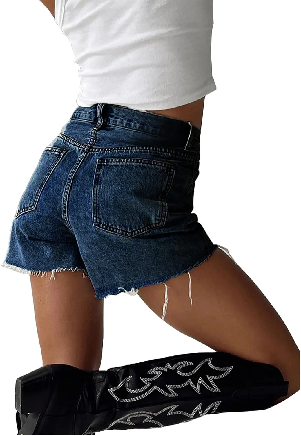 Susupeng Women Asymmetric Criss Crossover High Waist Summer Denim Shorts Stretchy Casual Raw Cut Hem Jeans Shorts