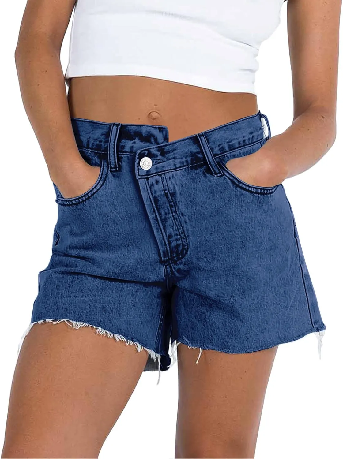 Susupeng Women Asymmetric Criss Crossover High Waist Summer Denim Shorts Stretchy Casual Raw Cut Hem Jeans Shorts