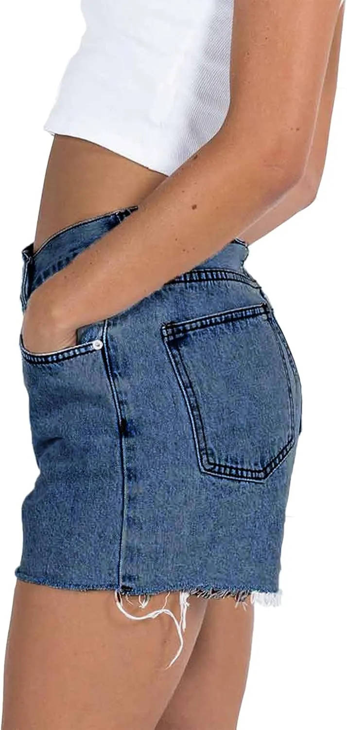 Susupeng Women Asymmetric Criss Crossover High Waist Summer Denim Shorts Stretchy Casual Raw Cut Hem Jeans Shorts