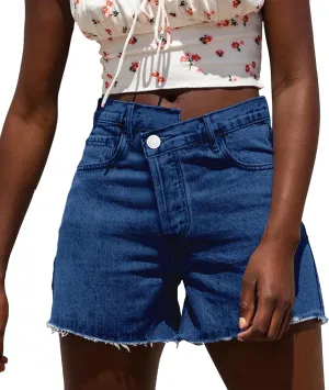 Susupeng Women Asymmetric Criss Crossover High Waist Summer Denim Shorts Stretchy Casual Raw Cut Hem Jeans Shorts
