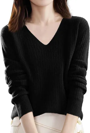 Sweaters for Women Knit Pullover Sweater V Neck Blouse Plain Color Long Sleeve Sweatshirt Slim Fitted Undershirt Top