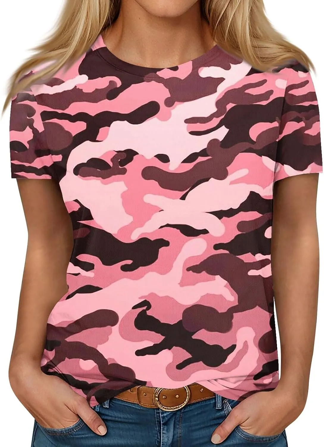 T Shirts for Women Camouflage Print Cute Going Out Tops Short Sleeve Crew Neck Shirts Blouses Casual Clothes Trendy S-5xl