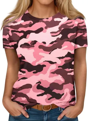T Shirts for Women Camouflage Print Cute Going Out Tops Short Sleeve Crew Neck Shirts Blouses Casual Clothes Trendy S-5xl