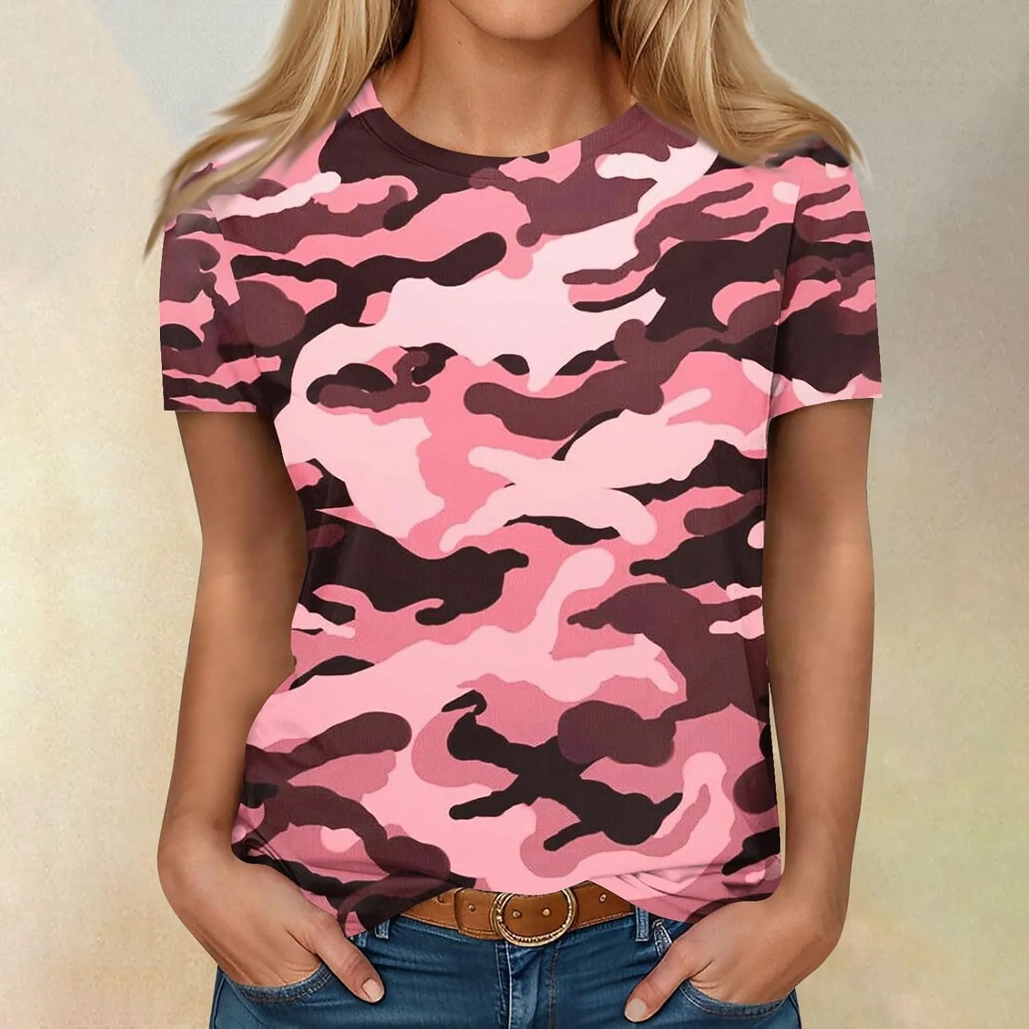 T Shirts for Women Camouflage Print Cute Going Out Tops Short Sleeve Crew Neck Shirts Blouses Casual Clothes Trendy S-5xl