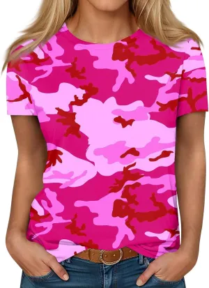 T Shirts for Women Camouflage Print Cute Going Out Tops Short Sleeve Crew Neck Shirts Blouses Casual Clothes Trendy S-5xl