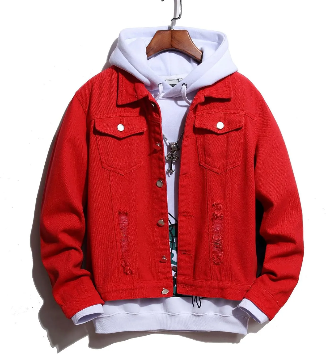 tuduoms Men's Cowboy Denim Hoodie Jacket Color Block Button Down Jean Jacket Fashion Casual Loose Long Sleeve Pullover Coat