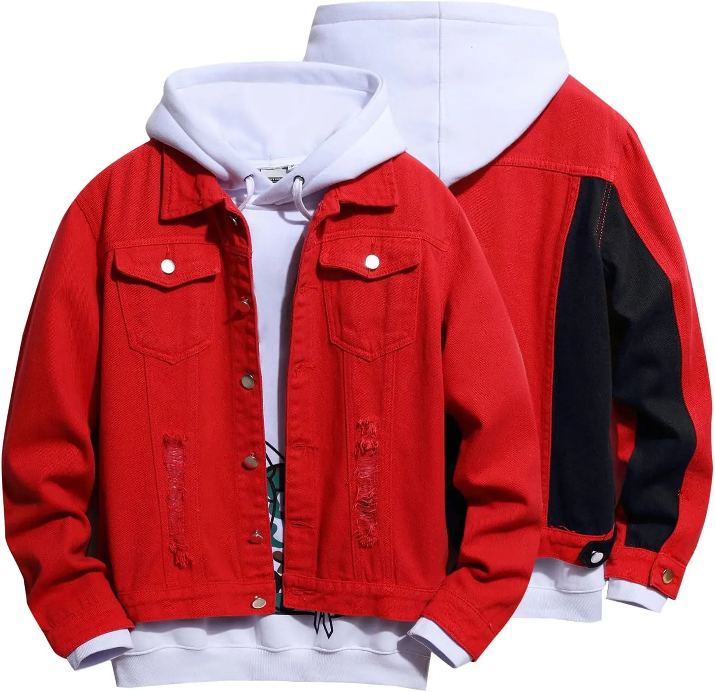 tuduoms Men's Cowboy Denim Hoodie Jacket Color Block Button Down Jean Jacket Fashion Casual Loose Long Sleeve Pullover Coat