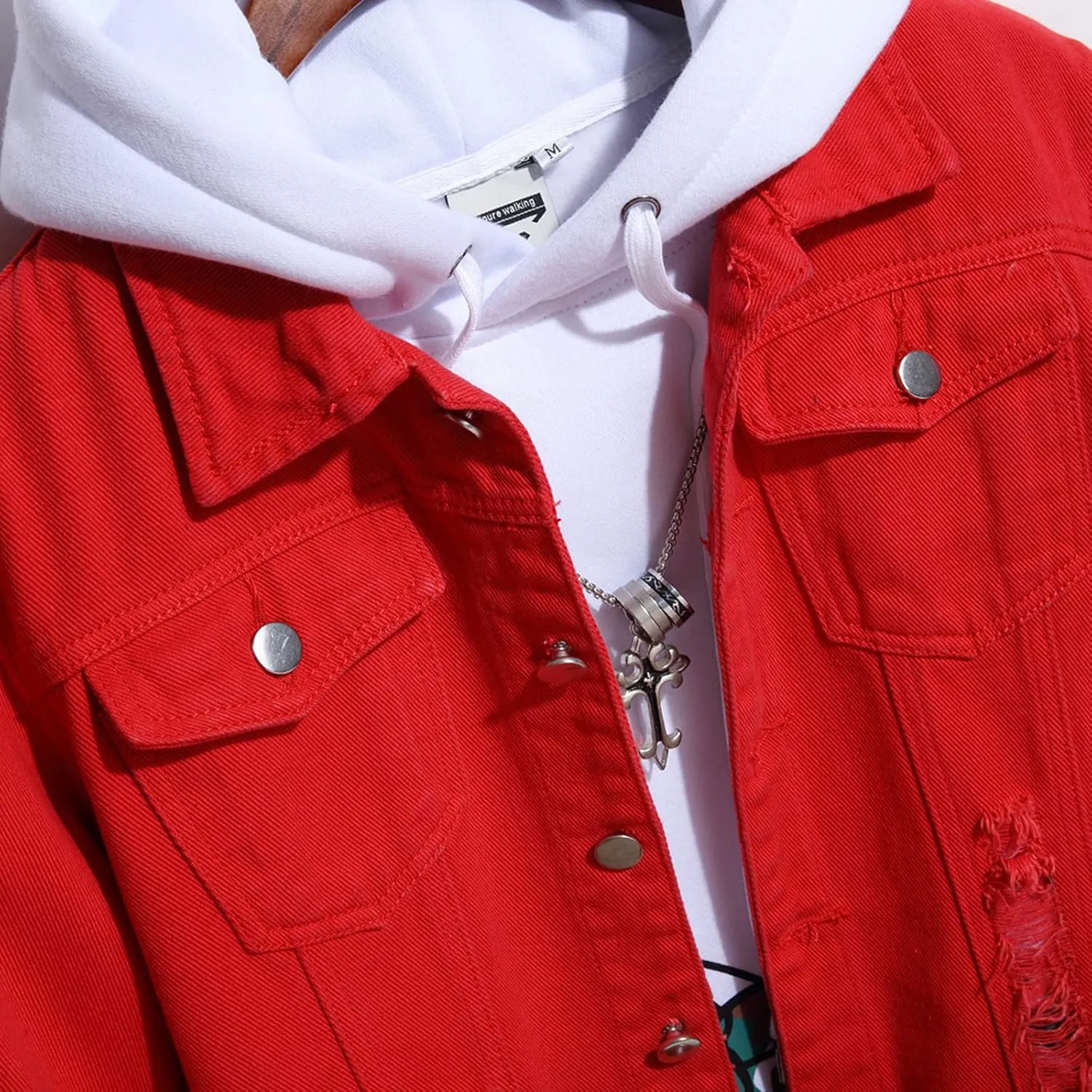 tuduoms Men's Cowboy Denim Hoodie Jacket Color Block Button Down Jean Jacket Fashion Casual Loose Long Sleeve Pullover Coat