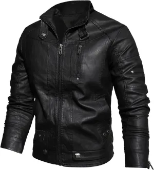tuduoms Men's Vintage Leather Moto Jacket Fleece Lined Warm Winter Trench Coat Zip Up Quilted Racer Parka Jacket Outwear