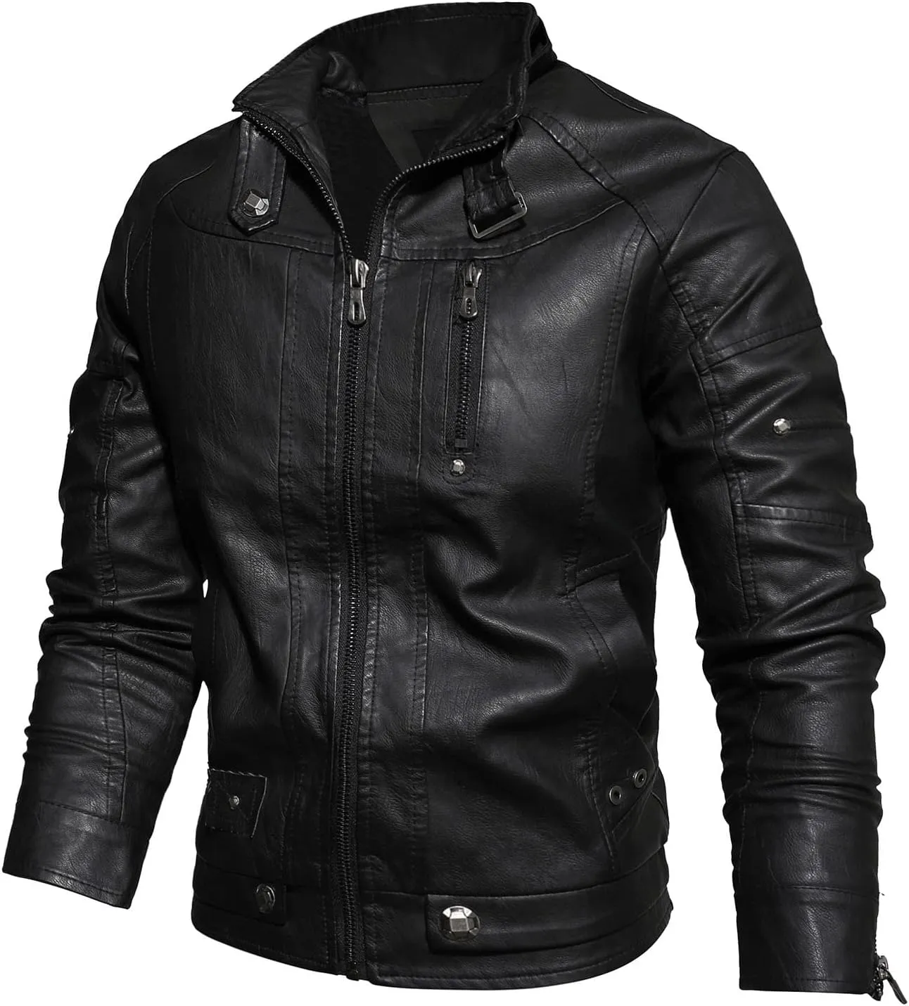 tuduoms Men's Vintage Leather Moto Jacket Fleece Lined Warm Winter Trench Coat Zip Up Quilted Racer Parka Jacket Outwear