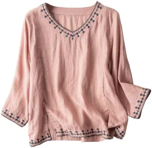 Tunic Tops for Women Loose Fit,Womens Floral Embroidery Linen Shirts 3/4 Sleeve V Neck Tees Cute Summer Flowy Blouse