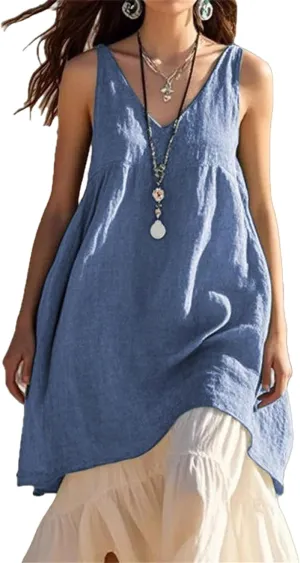 V Neck Dress for Women Casual Summer Dresses Cotton Linen A-line Dress Sleeveless Flare Long Beach Sundress Comfy
