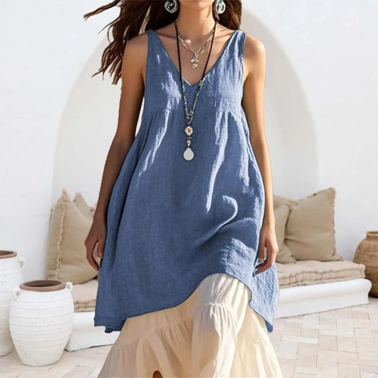 V Neck Dress for Women Casual Summer Dresses Cotton Linen A-line Dress Sleeveless Flare Long Beach Sundress Comfy