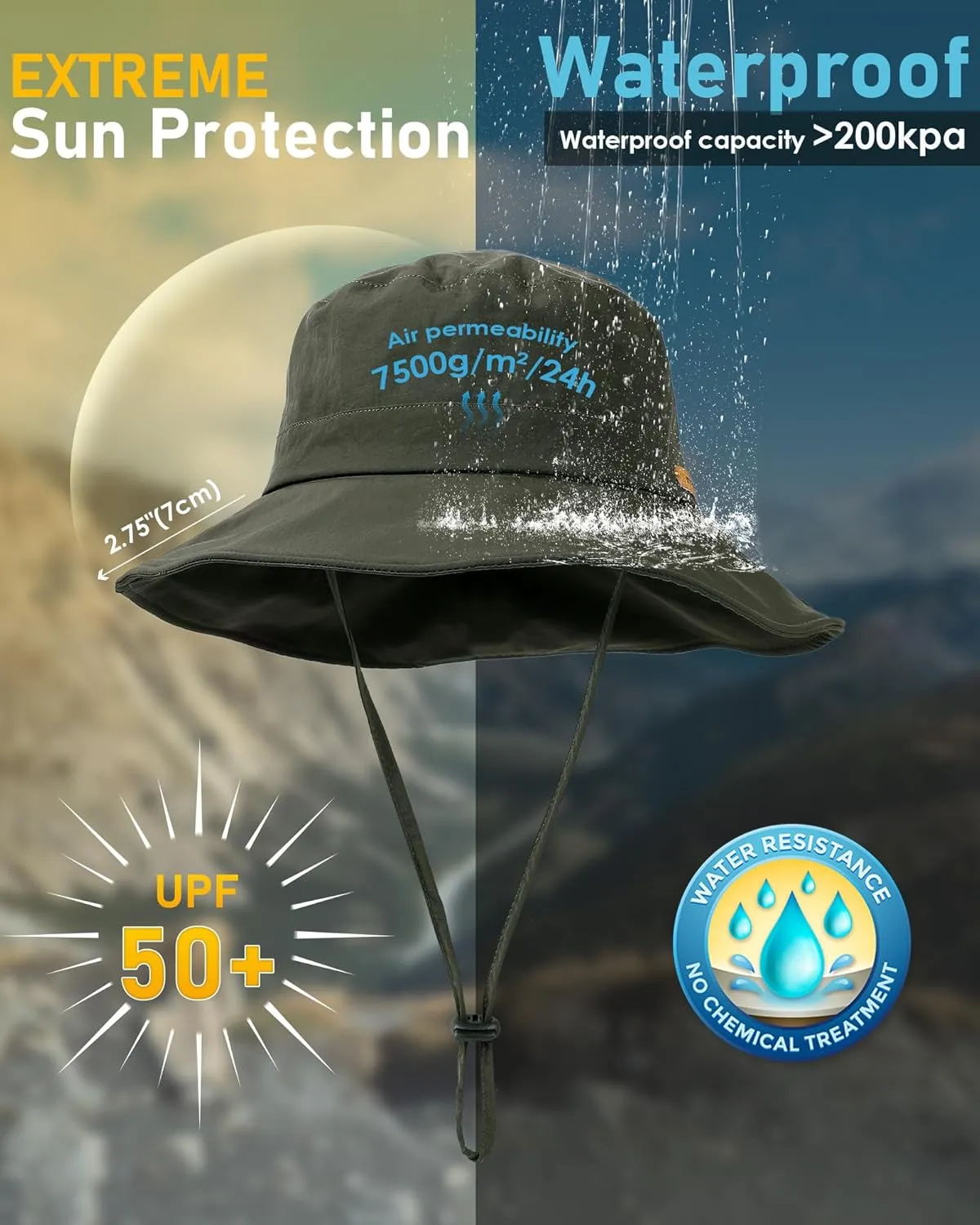 Waterproof Bucket Hats for Women Men Foldable Brim UPF 50  Floppy Cowboy Rain Hat UV Protection Boonie Sun Hats for Hiking
