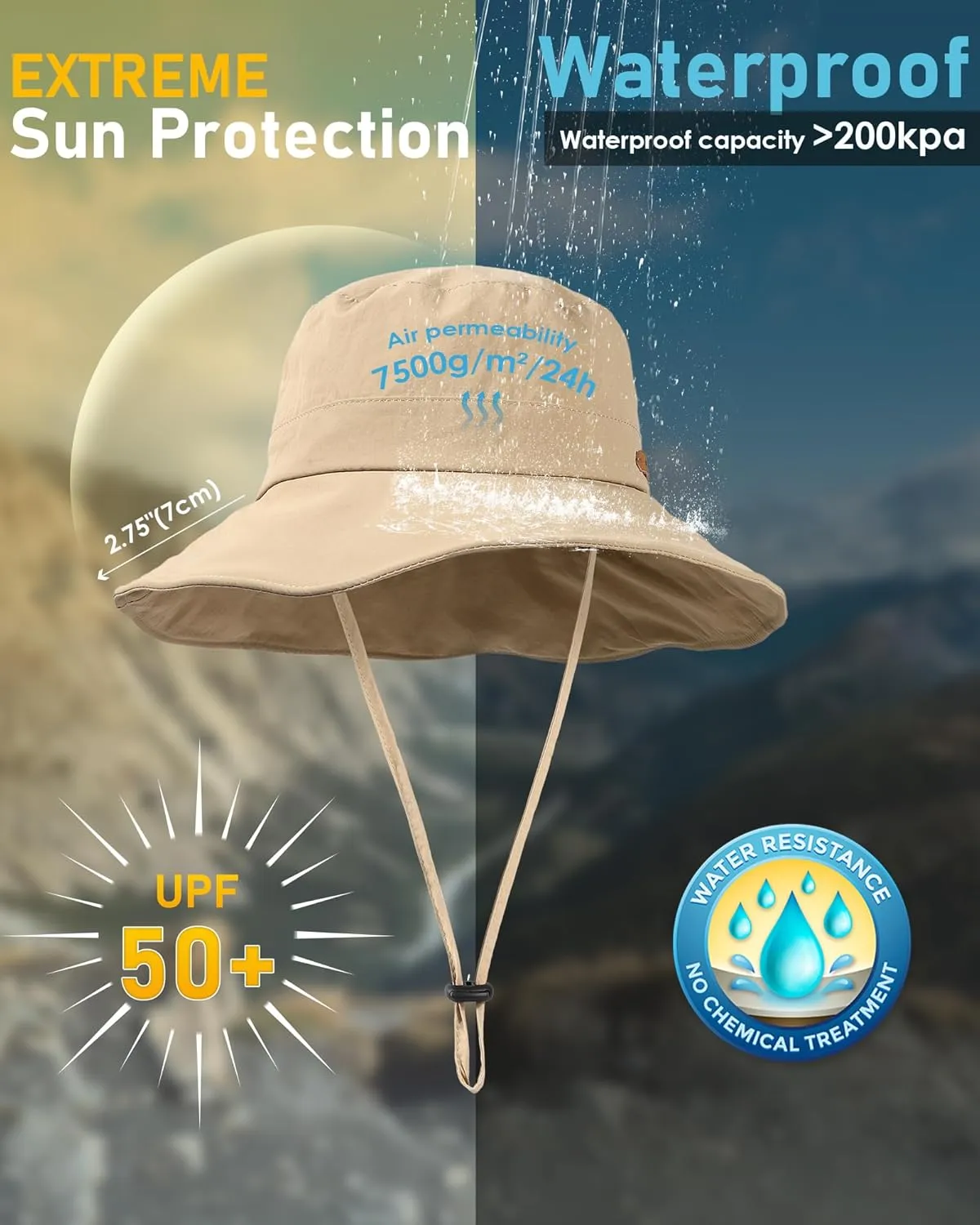 Waterproof Bucket Hats for Women Men Foldable Brim UPF 50  Floppy Cowboy Rain Hat UV Protection Boonie Sun Hats for Hiking