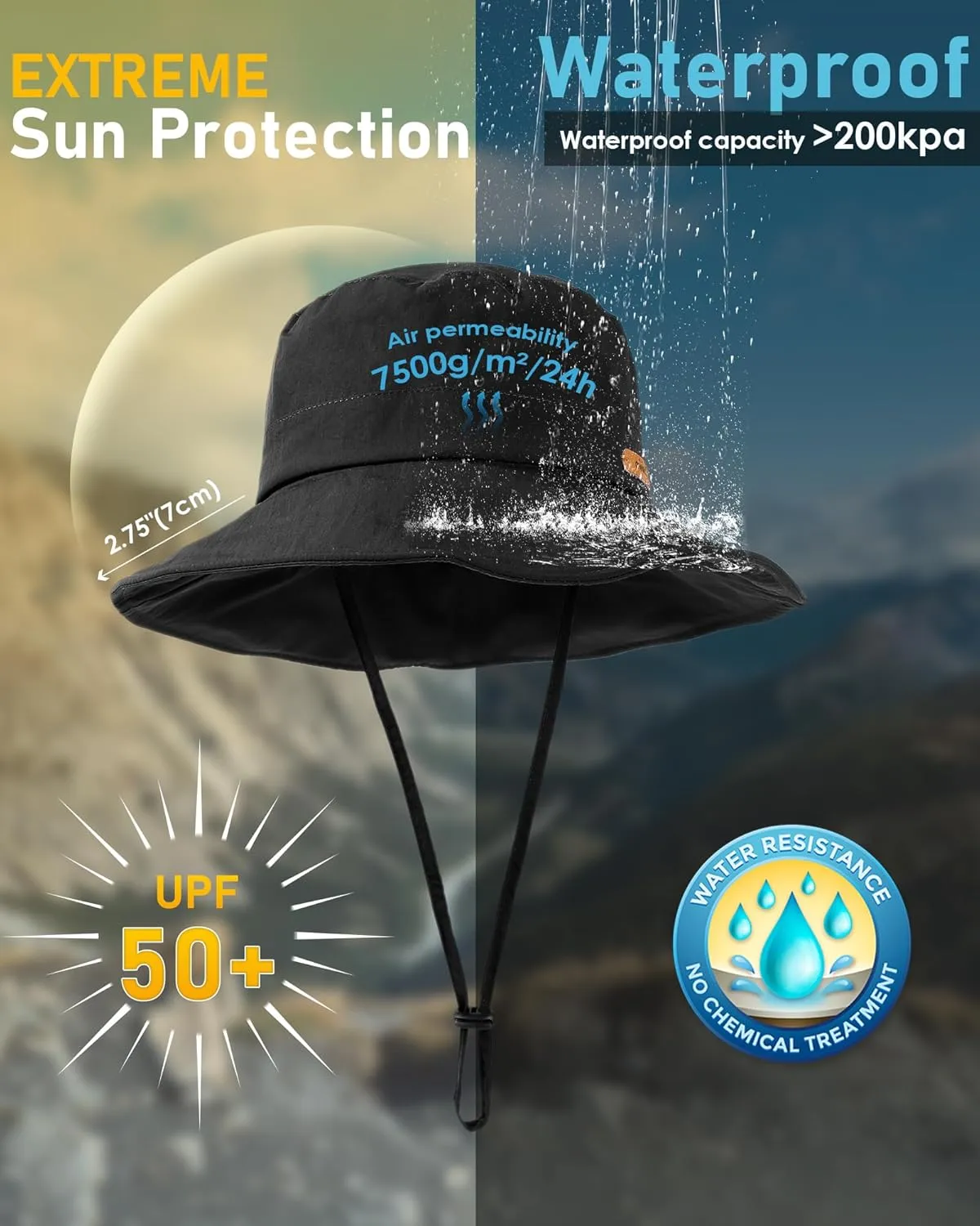 Waterproof Bucket Hats for Women Men Foldable Brim UPF 50  Floppy Cowboy Rain Hat UV Protection Boonie Sun Hats for Hiking