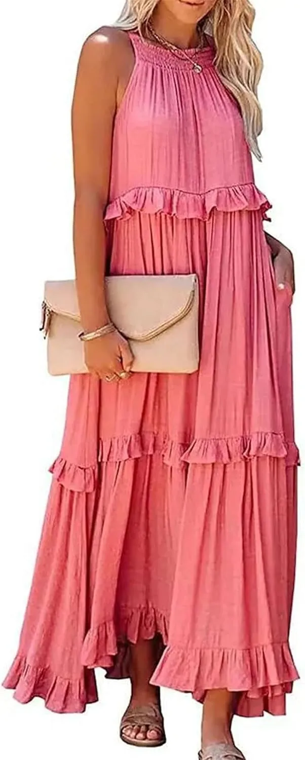 Wedding Guest Dress for Women Sleeveless Tank Tops Maxi Dress Ruffle Tiered Fashion Dresses Casual Layered Dresses