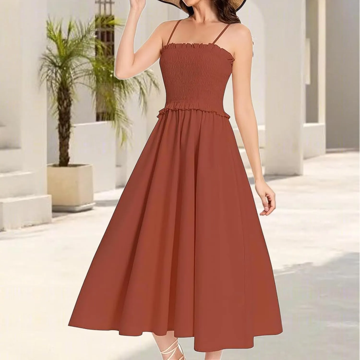 Wedding Guest Dress for Women Summer Maxi Dress Spaghetti Strap High Waist Dresses A Line Smocked Beach Dresses