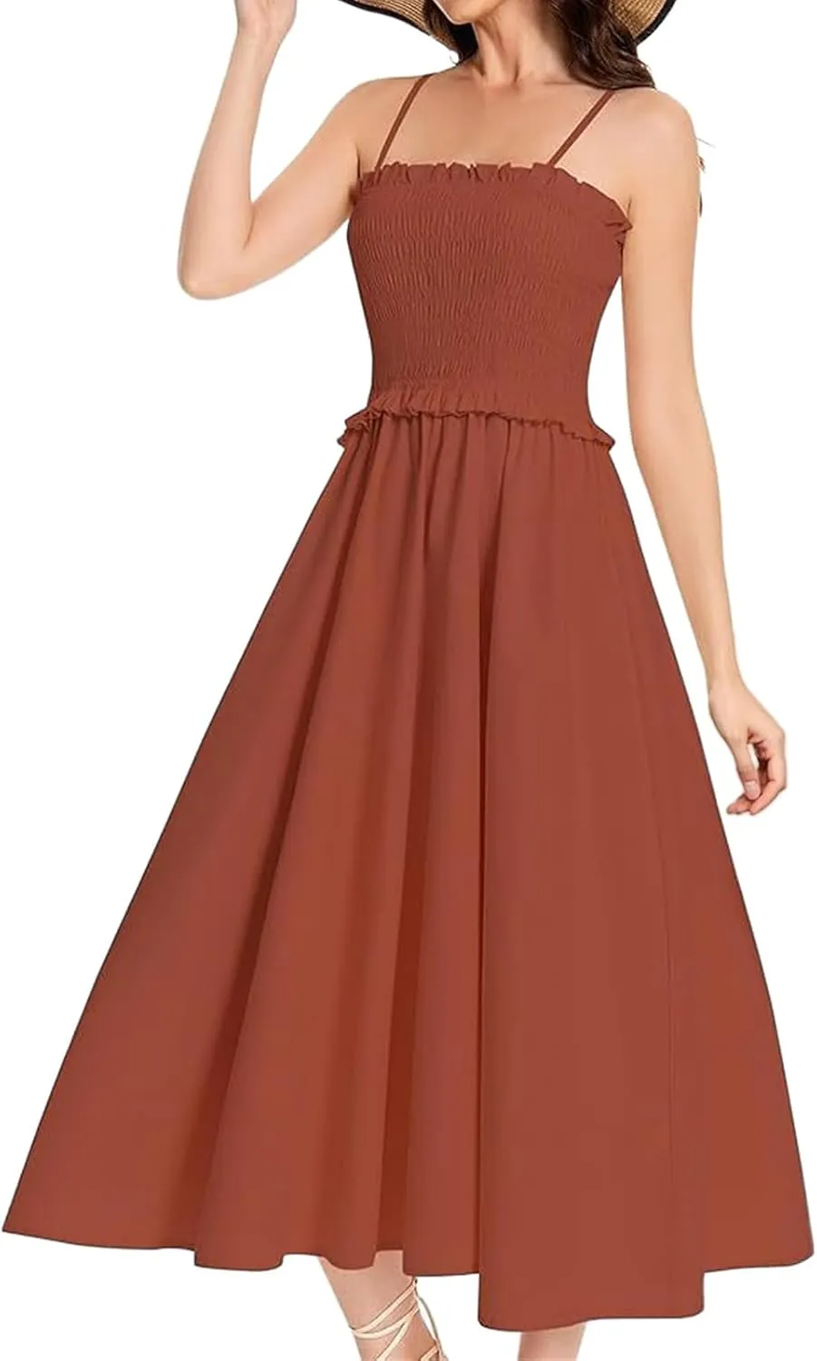 Wedding Guest Dress for Women Summer Maxi Dress Spaghetti Strap High Waist Dresses A Line Smocked Beach Dresses