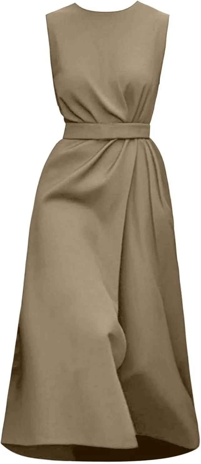 Wedding Guest Dress Sleeveless Crewneck Maxi Dress Elegant Tie Waist Dresses Summer Loose Fit Casual Dresses 2025