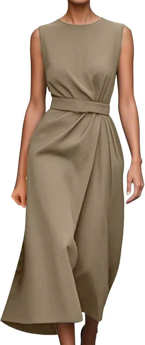 Wedding Guest Dress Sleeveless Crewneck Maxi Dress Elegant Tie Waist Dresses Summer Loose Fit Casual Dresses 2025