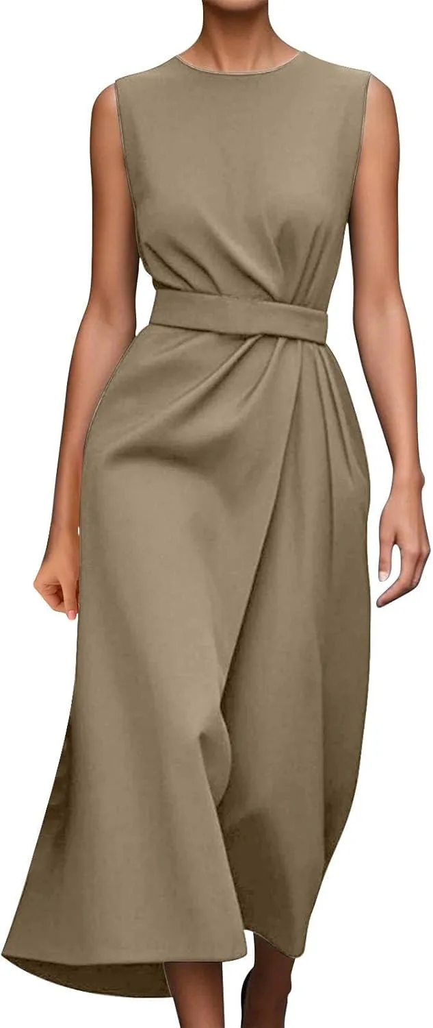 Wedding Guest Dress Sleeveless Crewneck Maxi Dress Elegant Tie Waist Dresses Summer Loose Fit Casual Dresses 2025