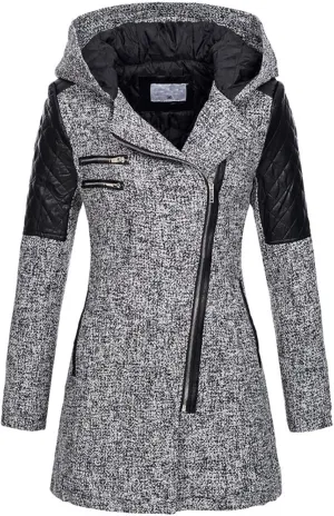 Winter Coat for Women Zip Up Wool Blend Jackets Asymmetric Hooded Patchwork Novelty Trendy 2024 Fall/Winter Jackets