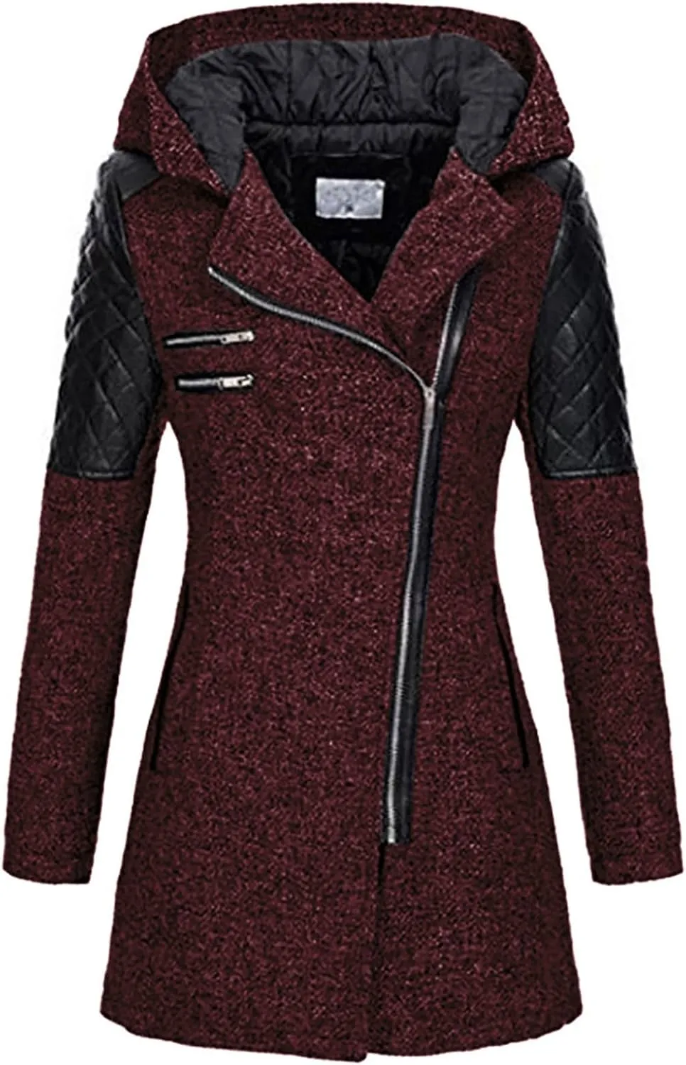 Winter Coat for Women Zip Up Wool Blend Jackets Asymmetric Hooded Patchwork Novelty Trendy 2024 Fall/Winter Jackets