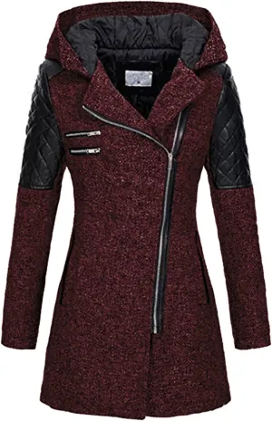 Winter Coat for Women Zip Up Wool Blend Jackets Asymmetric Hooded Patchwork Novelty Trendy 2024 Fall/Winter Jackets