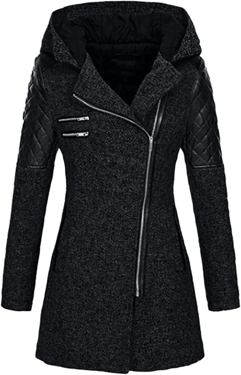 Winter Coat for Women Zip Up Wool Blend Jackets Asymmetric Hooded Patchwork Novelty Trendy 2024 Fall/Winter Jackets