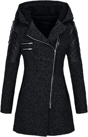 Winter Coat for Women Zip Up Wool Blend Jackets Asymmetric Hooded Patchwork Novelty Trendy 2024 Fall/Winter Jackets