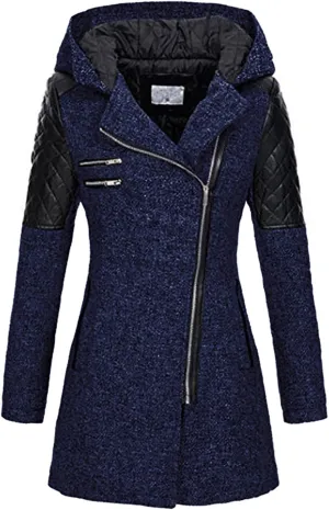 Winter Coat for Women Zip Up Wool Blend Jackets Asymmetric Hooded Patchwork Novelty Trendy 2024 Fall/Winter Jackets