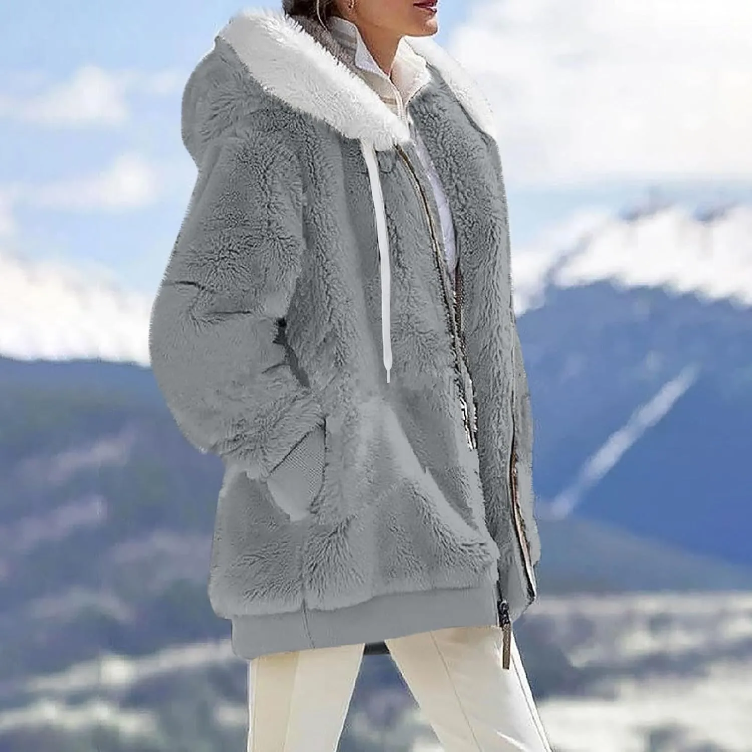 Winter Coats for Women Hooded Sherpa Jacket Fleece Oversized Trendy Color Block Jackets Warm Outerwear 2024
