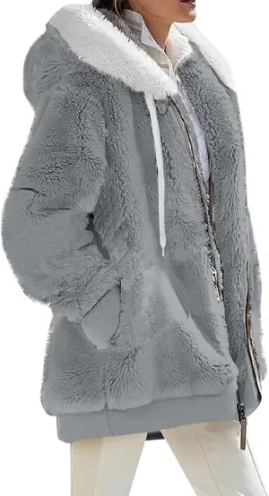 Winter Coats for Women Hooded Sherpa Jacket Fleece Oversized Trendy Color Block Jackets Warm Outerwear 2024