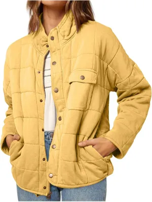 Winter Quilted Jackets For Women Lightweight Button Down Padded Puffer Jackets Stand Collar Long Sleeve Down Coats