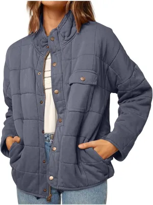 Winter Quilted Jackets For Women Lightweight Button Down Padded Puffer Jackets Stand Collar Long Sleeve Down Coats