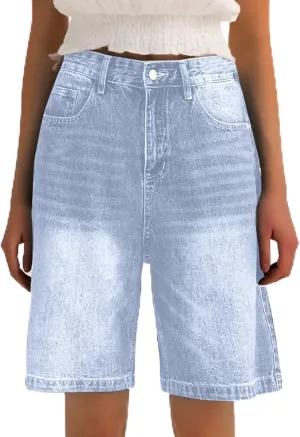 Women Bermuda Denim Shorts Casual High Rise Jean Shorts Straight Wide Leg Jeans Short Summer Lounge Pants w/Pockets