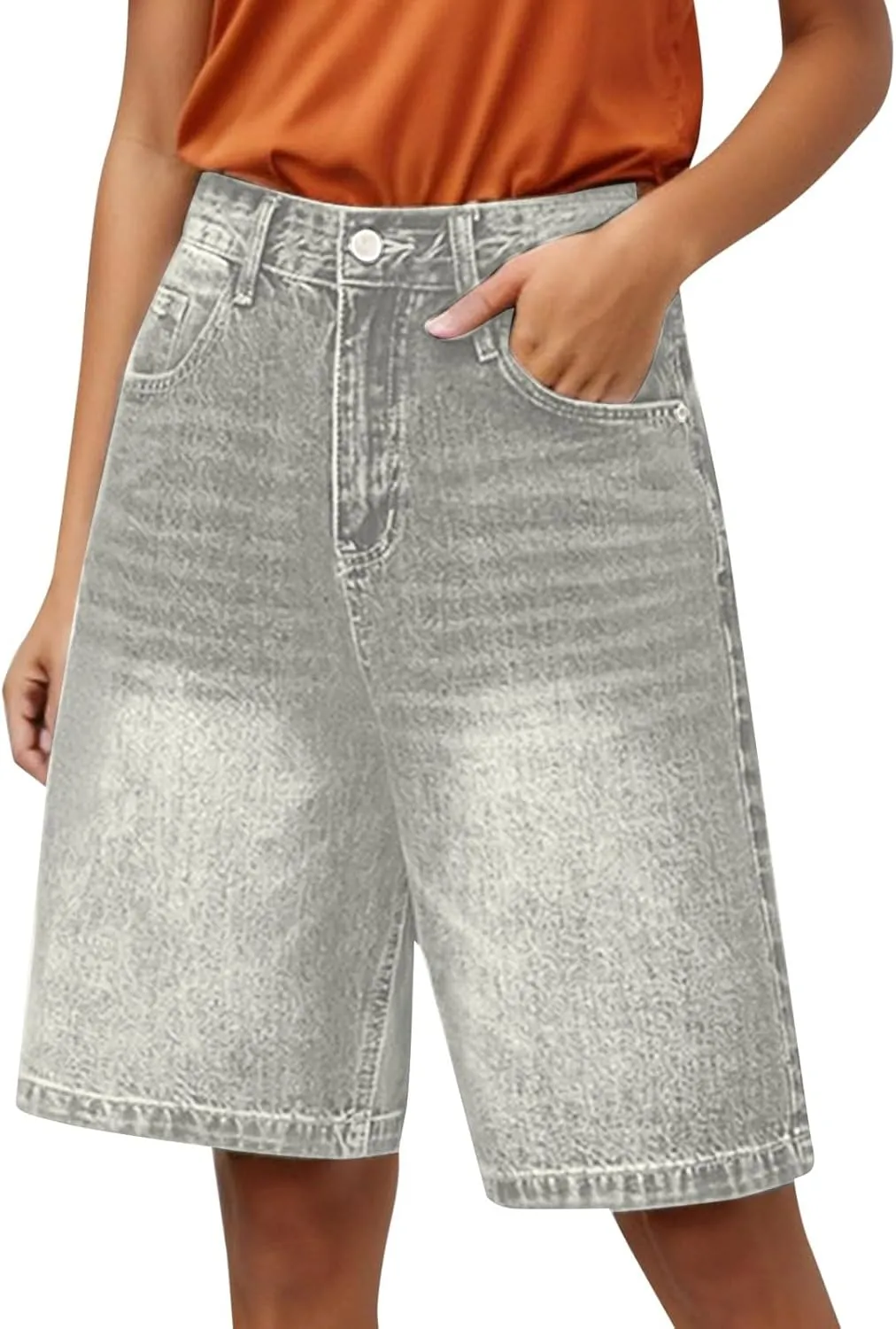 Women Bermuda Denim Shorts Casual High Rise Jean Shorts Straight Wide Leg Jeans Short Summer Lounge Pants w/Pockets