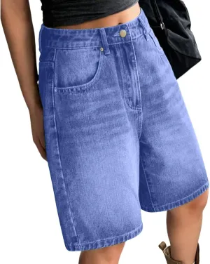 Women Bermuda Denim Shorts Casual High Rise Jean Shorts Straight Wide Leg Jeans Short Summer Lounge Pants w/Pockets