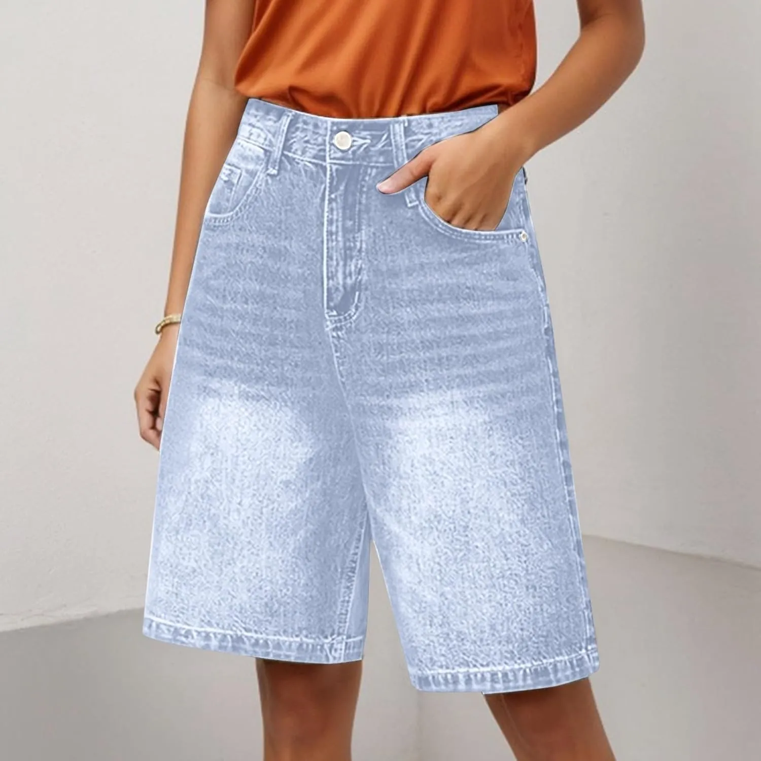 Women Bermuda Denim Shorts Casual High Rise Jean Shorts Straight Wide Leg Jeans Short Summer Lounge Pants w/Pockets