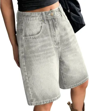 Women Bermuda Denim Shorts Casual High Rise Jean Shorts Straight Wide Leg Jeans Short Summer Lounge Pants w/Pockets